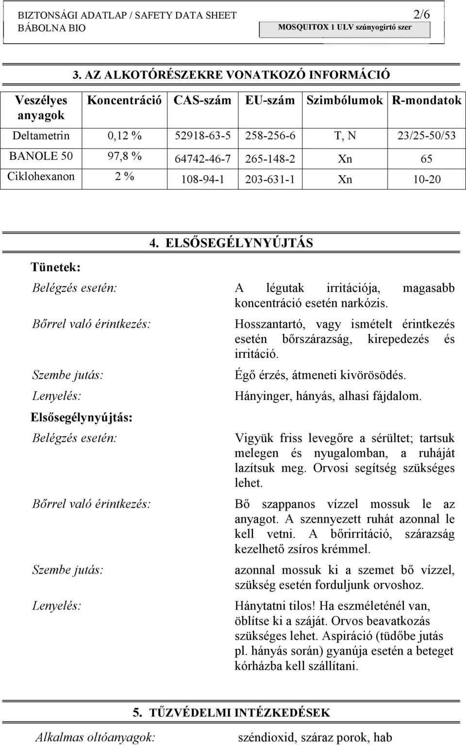 265-148-2 Xn 65 Ciklohexanon 2 % 108-94-1 203-631-1 Xn 10-20 Tünetek: 4. ELSŐSEGÉLYNYÚJTÁS Belégzés esetén: A légutak irritációja, magasabb koncentráció esetén narkózis.