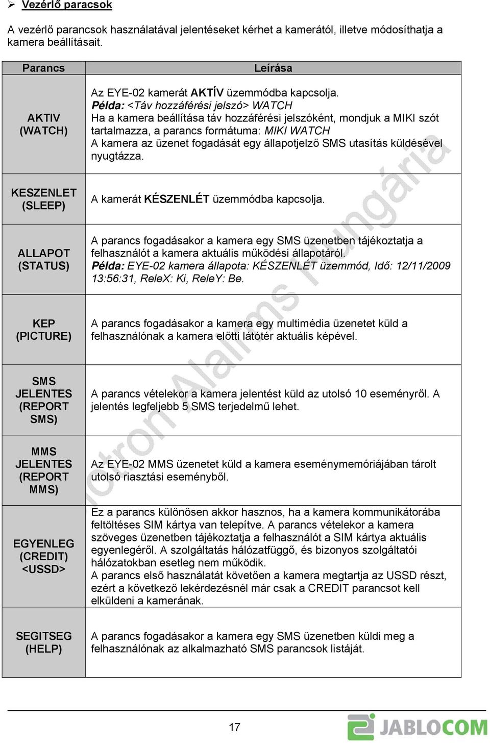 Példa: <Táv hozzáférési jelszó> WATCH Ha a kamera beállítása táv hozzáférési jelszóként, mondjuk a MIKI szót tartalmazza, a parancs formátuma: MIKI WATCH A kamera az üzenet fogadását egy állapotjelző