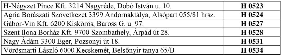 H 0524 Gábor-Vin Kft. 6200 Kiskőrös, Baross G. u. 97. H 0527 Szent Ilona Borház Kft.