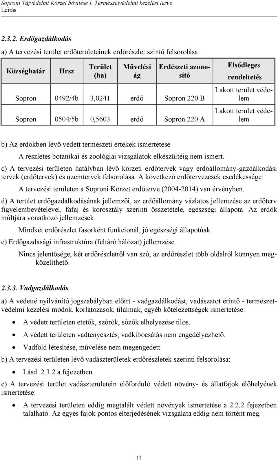 Sopron 0504/5b 0,5603 erdő Sopron 220 A Elsődleges rendeltetés Lakott terület védelem Lakott terület védelem b) Az erdőkben lévő védett természeti értékek ismertetése A részletes botanikai és