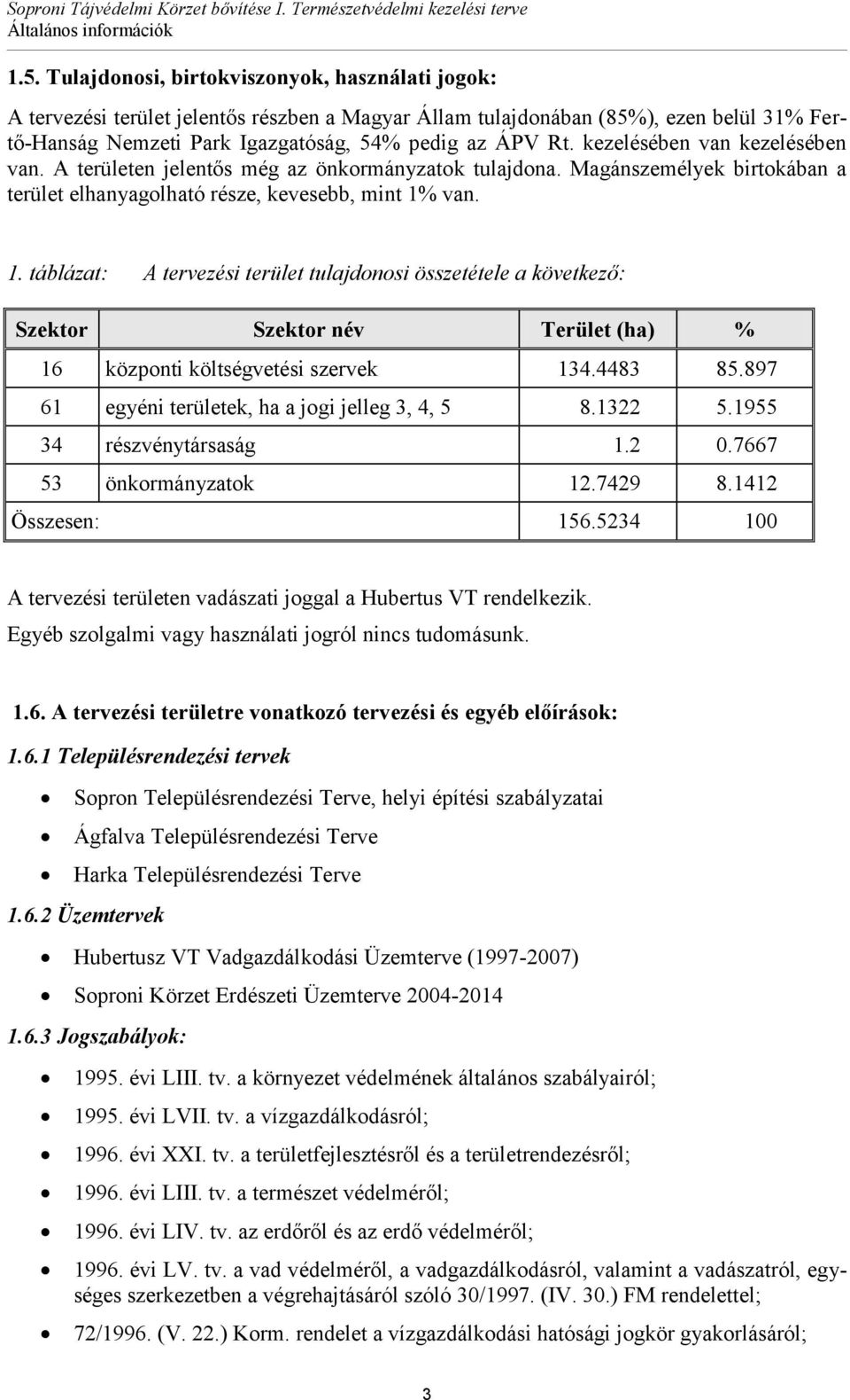 kezelésében van kezelésében van. A területen jelentős még az önkormányzatok tulajdona. Magánszemélyek birtokában a terület elhanyagolható része, kevesebb, mint 1%