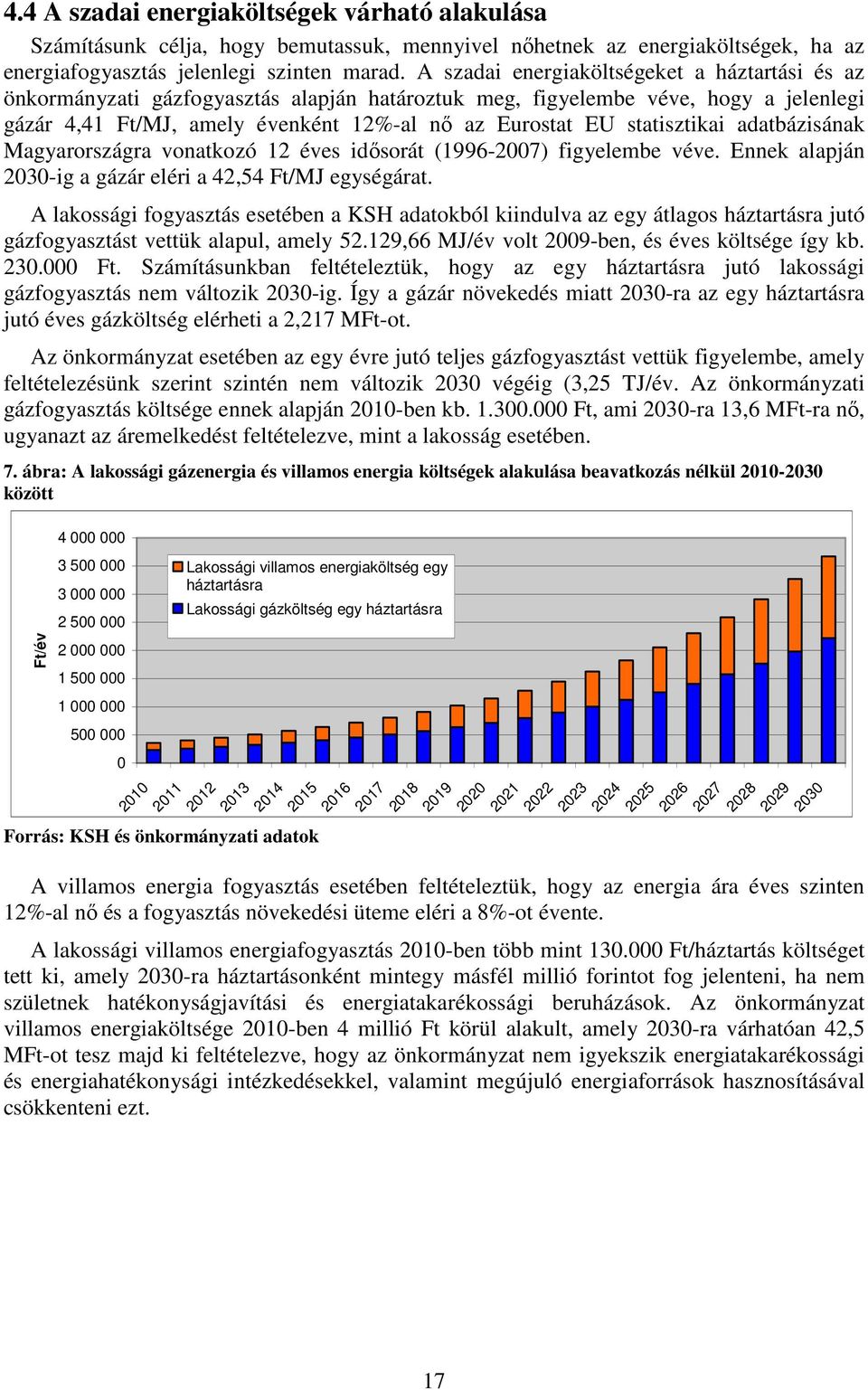 statisztikai adatbázisának Magyarországra vonatkozó 12 éves idősorát (1996-2007) figyelembe véve. Ennek alapján 2030-ig a gázár eléri a 42,54 Ft/MJ egységárat.