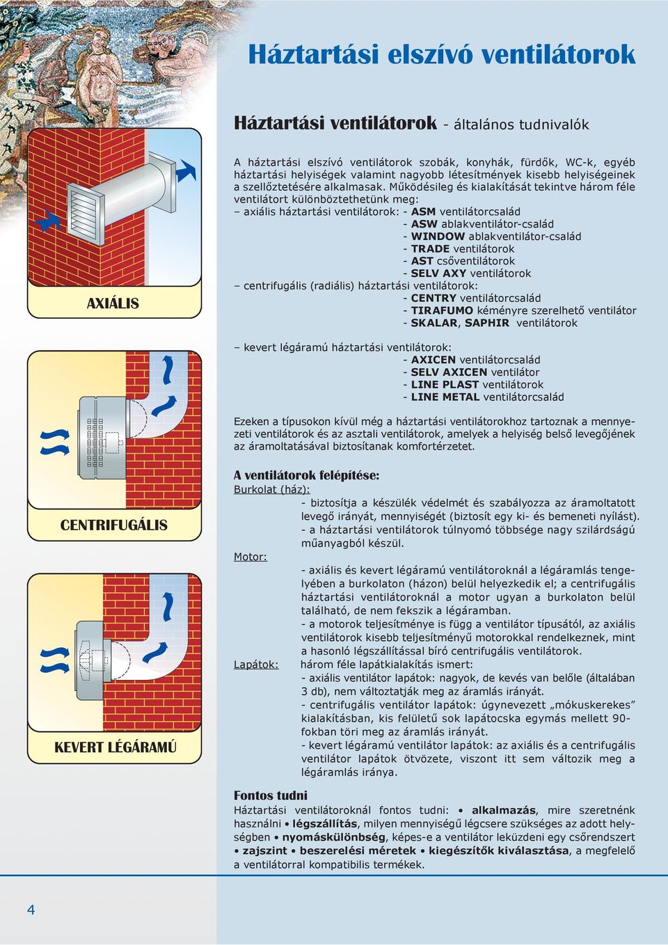 Működésileg és kialakítását tekintve három féle ventilátort különböztethetünk meg: axiális háztartási ventilátorok: - ASM ventilátorcsalád - ASW ablakventilátor-család - WINDOW ablakventilátor-család