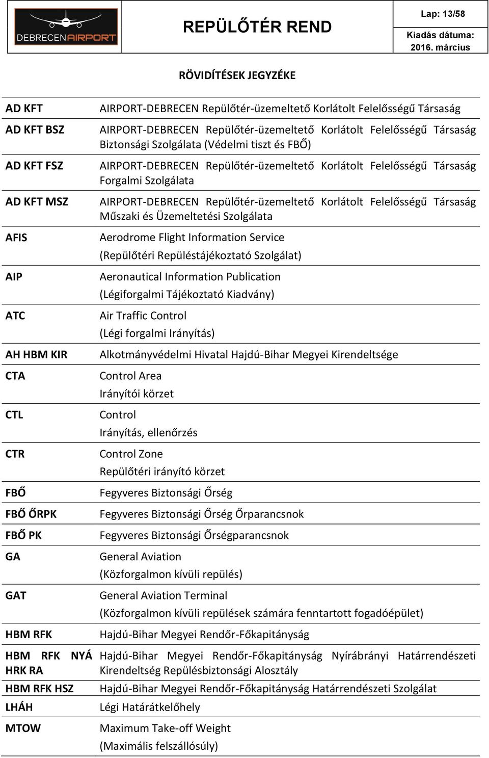 Repülőtér-üzemeltető Korlátolt Felelősségű Társaság Forgalmi Szolgálata AIRPORT-DEBRECEN Repülőtér-üzemeltető Korlátolt Felelősségű Társaság Műszaki és Üzemeltetési Szolgálata Aerodrome Flight