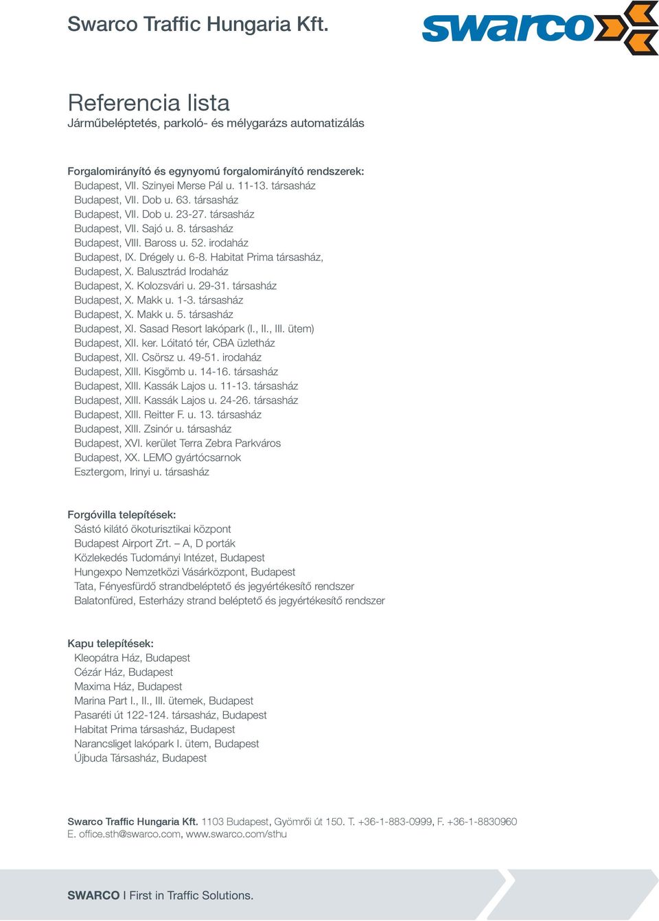 Makk u. 1-3. társasház Budapest, X. Makk u. 5. társasház Budapest, XI. Sasad Resort lakópark (I., II., III. ütem) Budapest, XII. ker. Lóitató tér, CBA üzletház Budapest, XII. Csörsz u. 49-51.