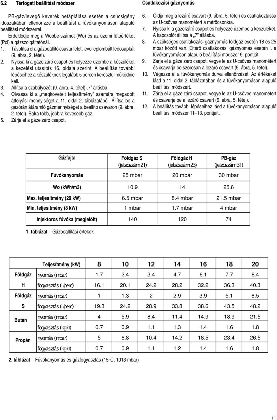 tétel). 2. Nyissa ki a gázelzáró csapot és helyezze üzembe a készüléket a kezelési utasítás 16. oldala szerint. A beállítás további lépéseihez a készüléknek legalább 5 percen keresztül mûködnie kell.