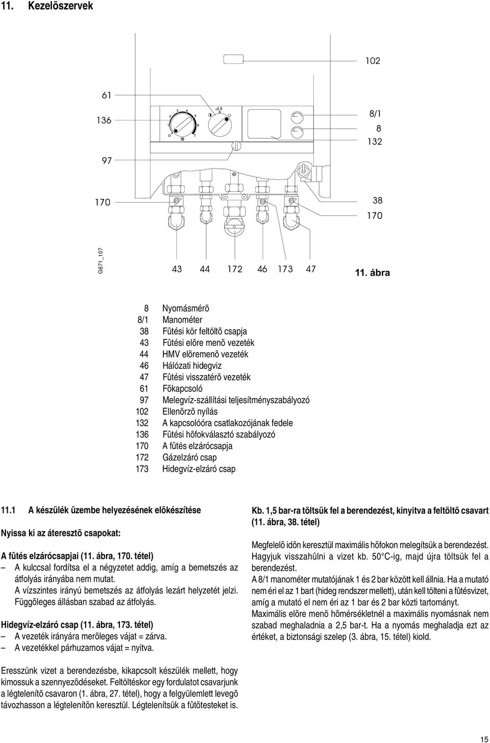 Melegvíz-szállítási teljesítményszabályozó 102 Ellenõrzõ nyílás 132 A kapcsolóóra csatlakozójának fedele 136 Fûtési hõfokválasztó szabályozó 170 A fûtés elzárócsapja 172 Gázelzáró csap 173