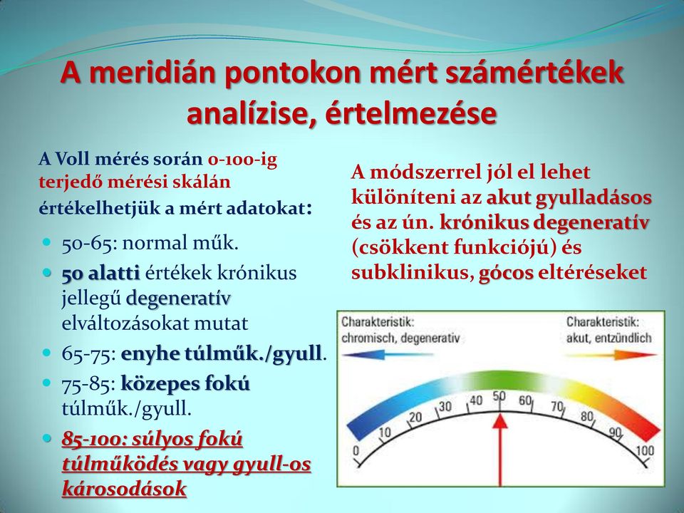 50 alatti értékek krónikus jellegű degeneratív elváltozásokat mutat 65-75: enyhe túlműk./gyull. 75-85: közepes fokú túlműk.