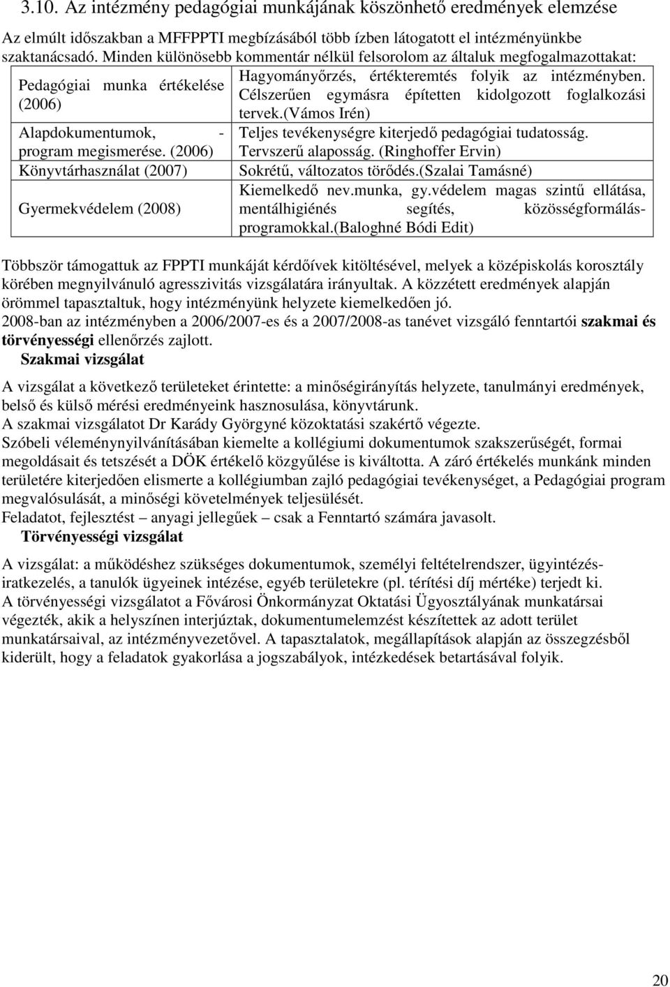 Pedagógiai munka értékelése Célszerűen egymásra építetten kidolgozott foglalkozási (2006) tervek.(vámos Irén) Alapdokumentumok, - Teljes tevékenységre kiterjedő pedagógiai tudatosság.