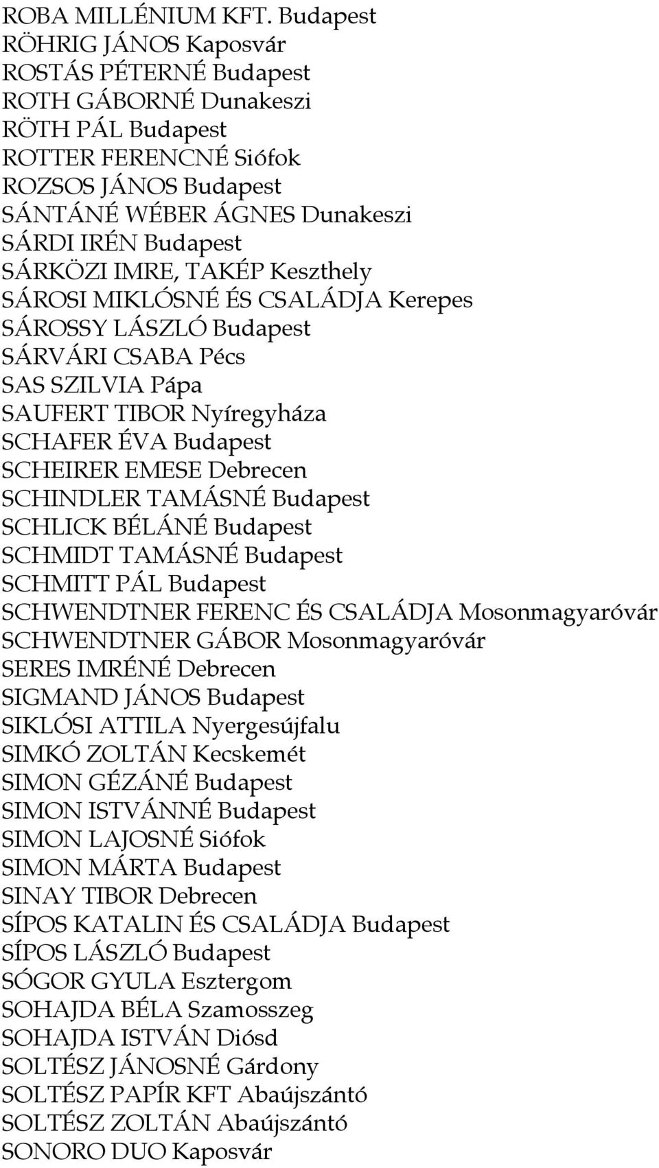 IMRE, TAKÉP Keszthely SÁROSI MIKLÓSNÉ ÉS CSALÁDJA Kerepes SÁROSSY LÁSZLÓ Budapest SÁRVÁRI CSABA Pécs SAS SZILVIA Pápa SAUFERT TIBOR Nyíregyháza SCHAFER ÉVA Budapest SCHEIRER EMESE Debrecen SCHINDLER