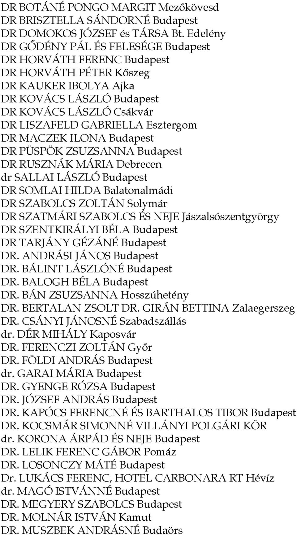 DR MACZEK ILONA Budapest DR PÜSPÖK ZSUZSANNA Budapest DR RUSZNÁK MÁRIA Debrecen dr SALLAI LÁSZLÓ Budapest DR SOMLAI HILDA Balatonalmádi DR SZABOLCS ZOLTÁN Solymár DR SZATMÁRI SZABOLCS ÉS NEJE