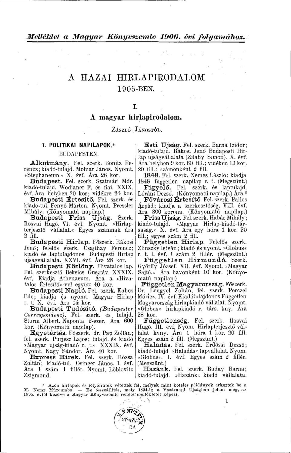 Budapesti Értesítő. Fel. szerk. és kiadó-tul. Fenyő Márton. Nyomt. Pressler Mihály. (Kőnyomata napilap.) Budapesti Friss Újság. Szerk. Ilosvai Hugó. YI. évf. Nyomt.»Hírlapterjesztő vállalat.