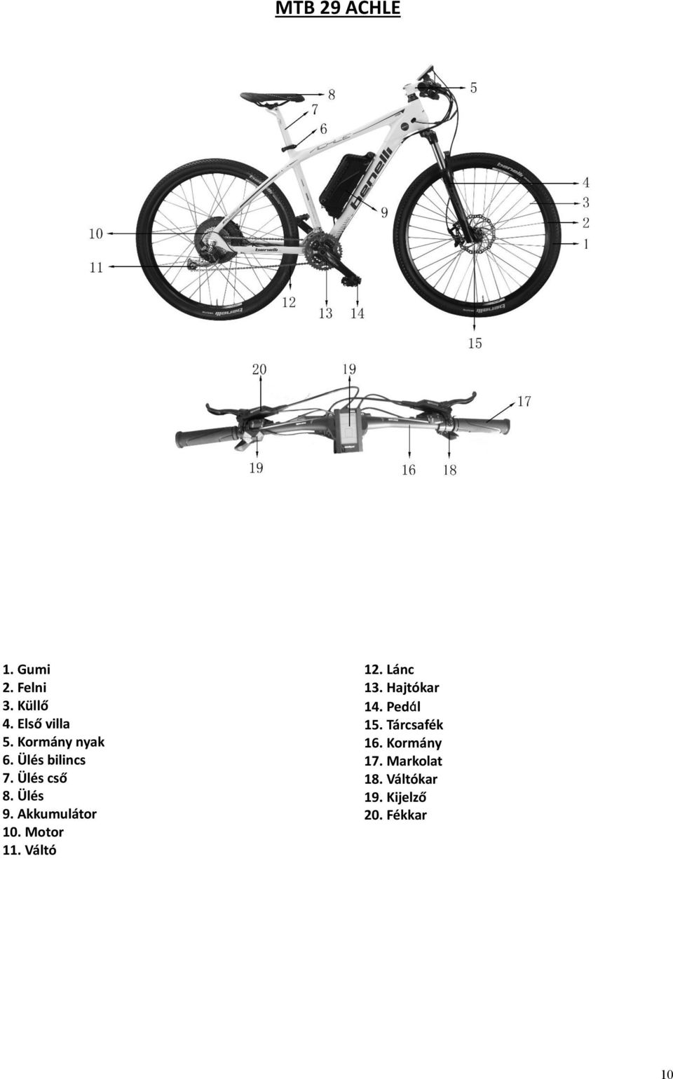 Akkumulátor 10. Motor 11. Váltó 12. Lánc 13. Hajtókar 14.