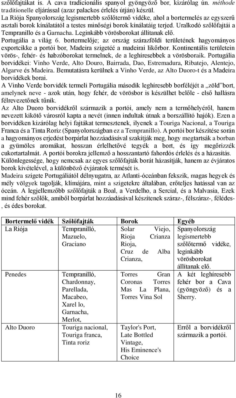 Uralkodó szőlőfajtái a Tempranillo és a Garnacha. Leginkább vörösborokat állítanak elő. Portugália a világ 6.