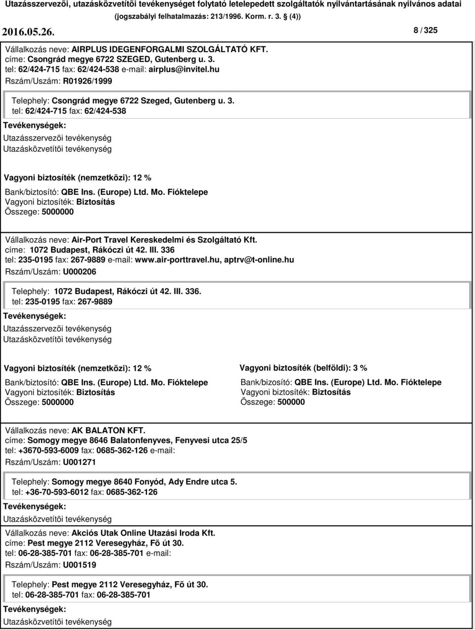 címe: 1072 Budapest, Rákóczi út 42. III. 336 tel: 235-0195 fax: 267-9889 e-mail: www.air-porttravel.hu, aptrv@t-online.hu Rszám/Uszám: U000206 Telephely: 1072 Budapest, Rákóczi út 42. III. 336. tel: 235-0195 fax: 267-9889 0 Vállalkozás neve: AK BALATON KFT.