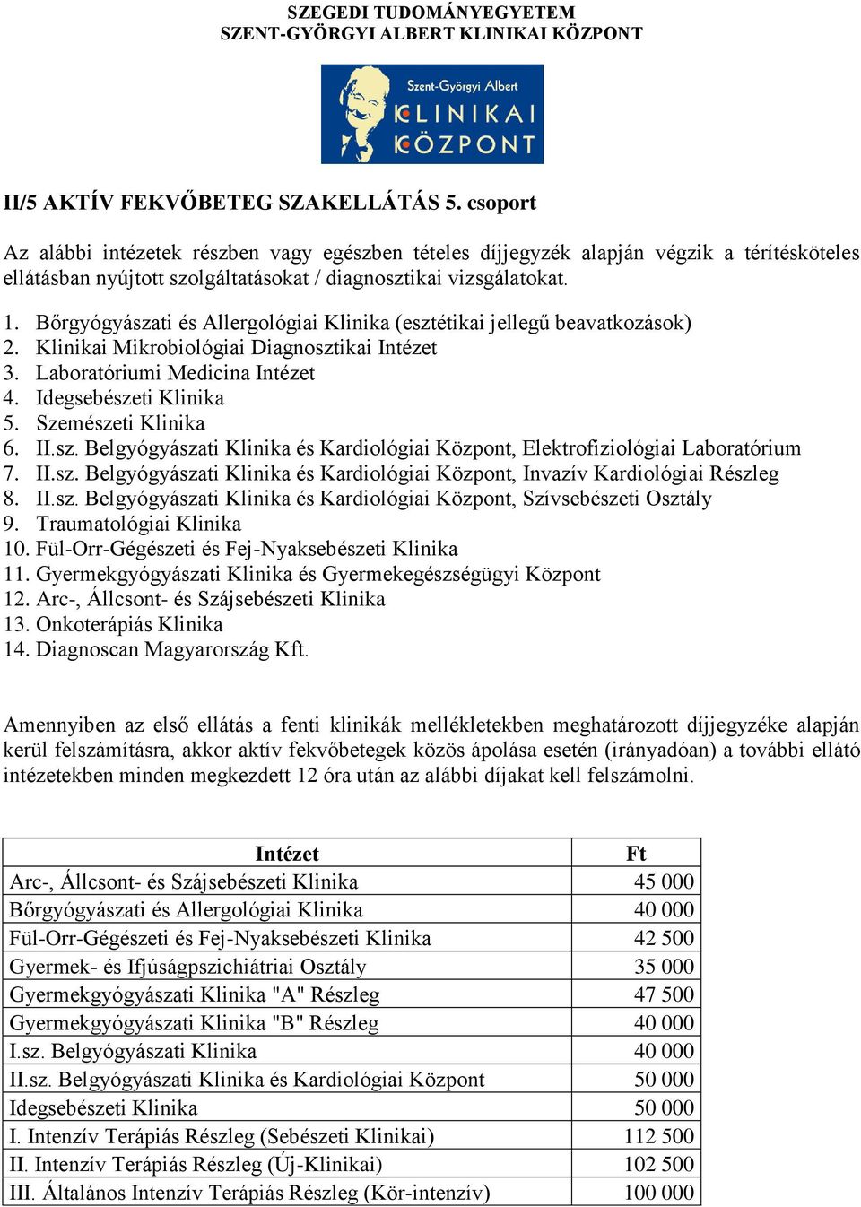 Bőrgyógyászati és Allergológiai Klinika (esztétikai jellegű beavatkozások) 2. Klinikai Mikrobiológiai Diagnosztikai Intézet 3. Laboratóriumi Medicina Intézet 4. Idegsebészeti Klinika 5.