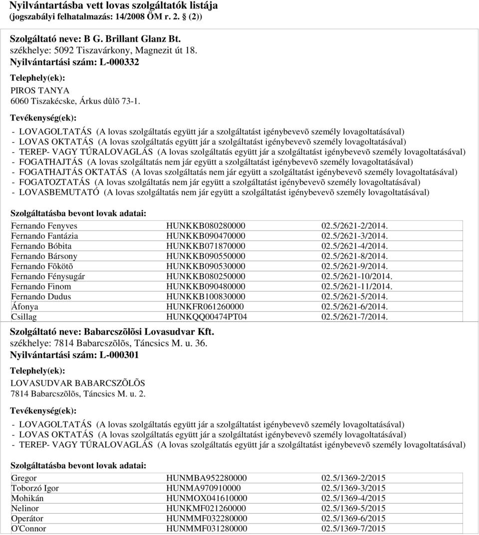 Fernando Fénysugár Fernando Finom Fernando Dudus Áfonya Csillag Szolgáltató neve: Babarcszõlõsi Lovasudvar Kft. székhelye: 7814 Babarcszõlõs, Táncsics M. u. 36.