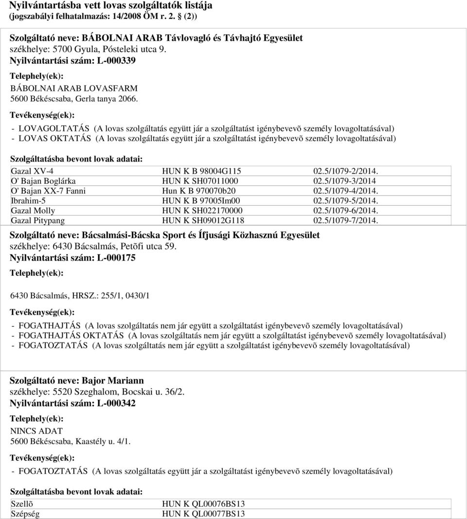 59. Nyilvántartási szám: L-000175 6430 Bácsalmás, HRSZ.: 255/1, 0430/1 HUN K B 98004G115 HUN K SH07011000 Hun K B 970070b20 HUN K B 97005Im00 HUN K SH022170000 HUN K SH09012G118 02.5/1079-2/2014. 02.5/1079-3/2014 02.