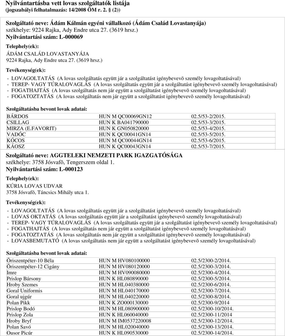 FAVORIT) VADÓC KÓCOS KÁOSZ Szolgáltató neve: AGGTELEKI NEMZETI PARK IGAZGATÓSÁGA székhelye: 3758 Jósvafõ, Tengerszem oldal 1.