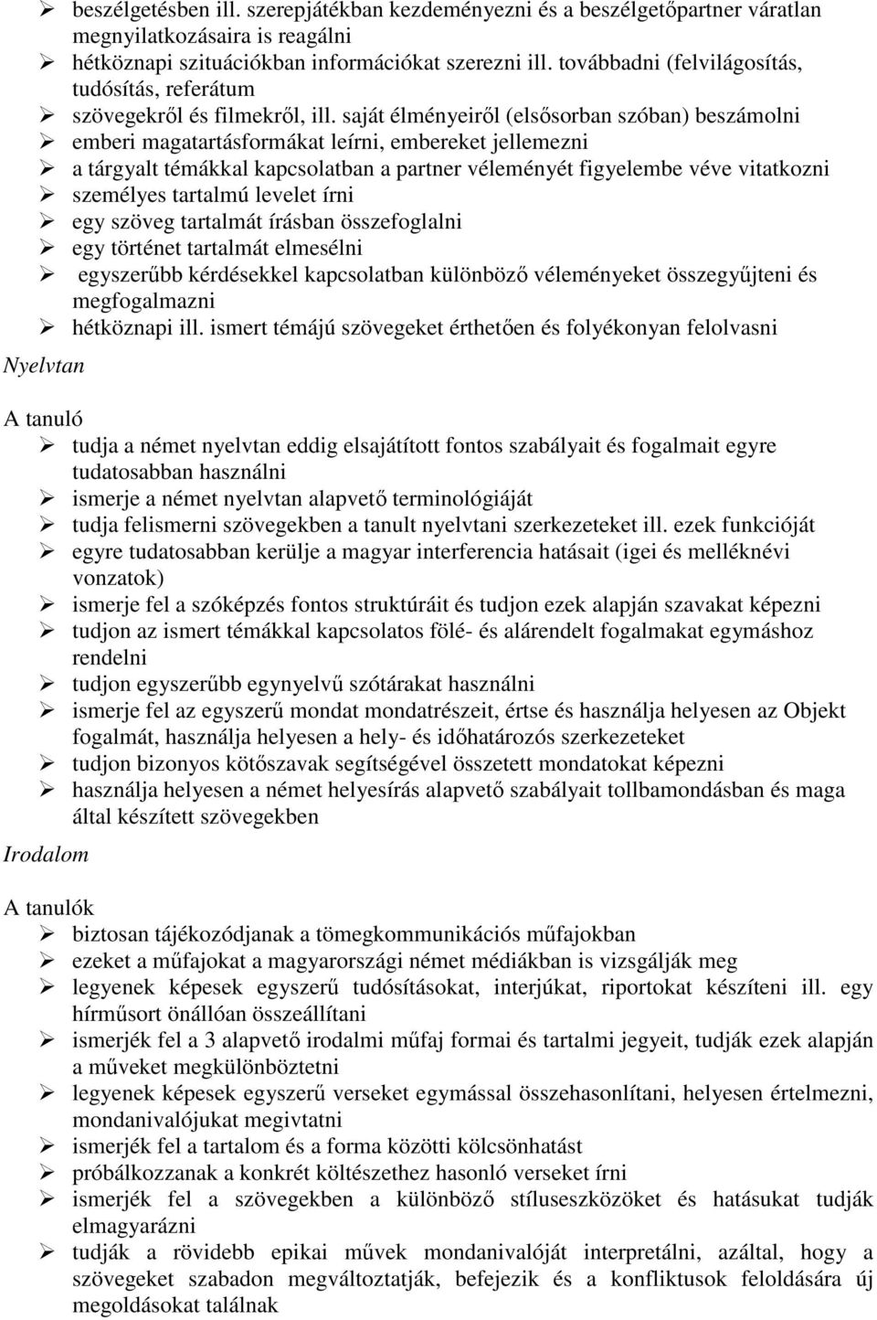 saját élményeiről (elsősorban szóban) beszámolni emberi magatartásformákat leírni, embereket jellemezni a tárgyalt témákkal kapcsolatban a partner véleményét figyelembe véve vitatkozni személyes