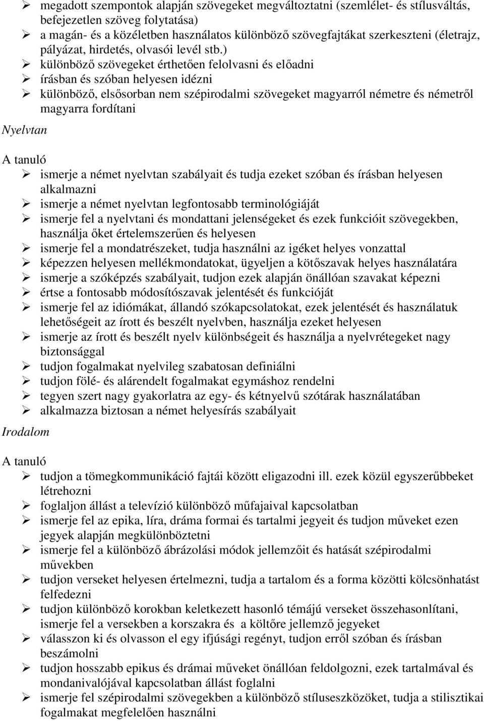 ) különböző szövegeket érthetően felolvasni és előadni írásban és szóban helyesen idézni különböző, elsősorban nem szépirodalmi szövegeket magyarról németre és németről magyarra fordítani Nyelvtan A