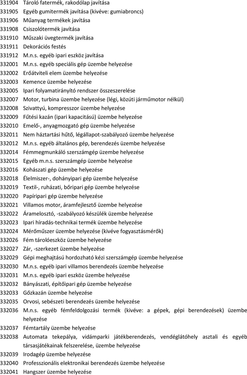 festés 331912 M.n.s. egyéb ipari eszköz javítása 332001 M.n.s. egyéb speciális gép üzembe helyezése 332002 Erőátviteli elem üzembe helyezése 332003 Kemence üzembe helyezése 332005 Ipari