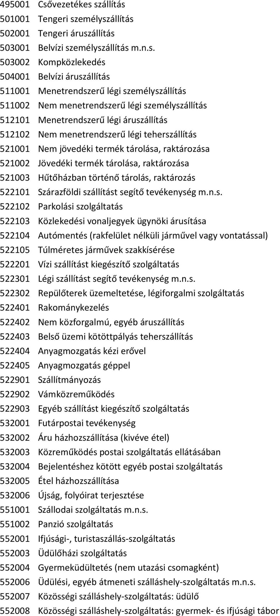 szállítás 501001 Tengeri személyszállítás 502001 Tengeri áruszállítás 503001 Belvízi személyszállítás m.n.s. 503002 Kompközlekedés 504001 Belvízi áruszállítás 511001 Menetrendszerű légi