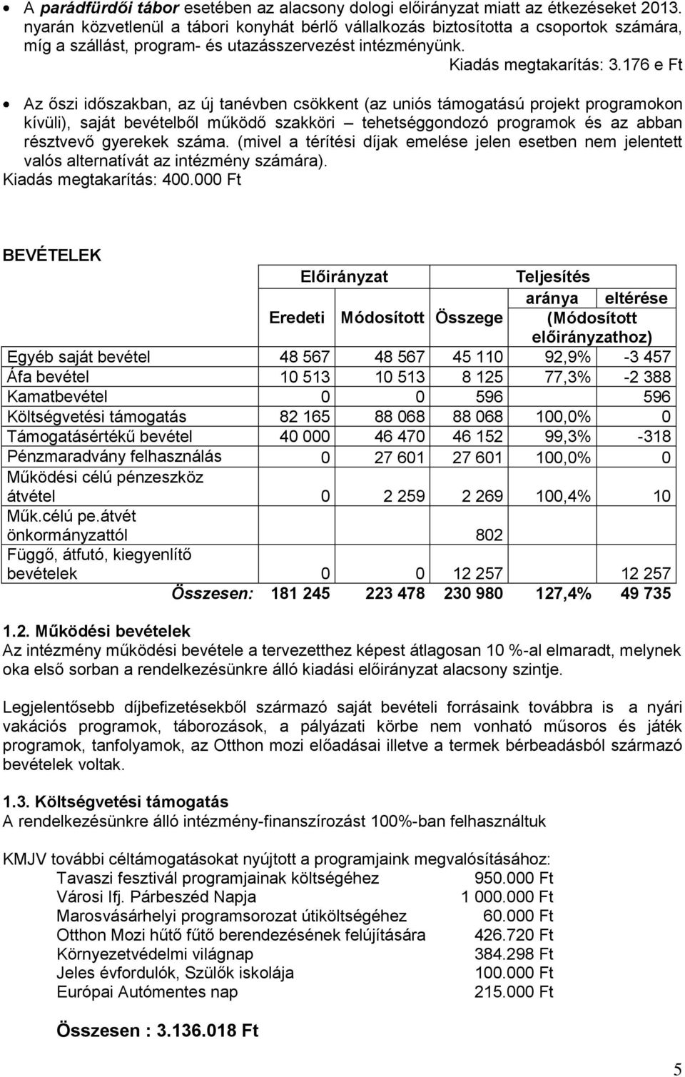 176 e Ft Az őszi időszakban, az új tanévben csökkent (az uniós támogatású projekt programokon kívüli), saját bevételből működő szakköri tehetséggondozó programok és az abban résztvevő gyerekek száma.