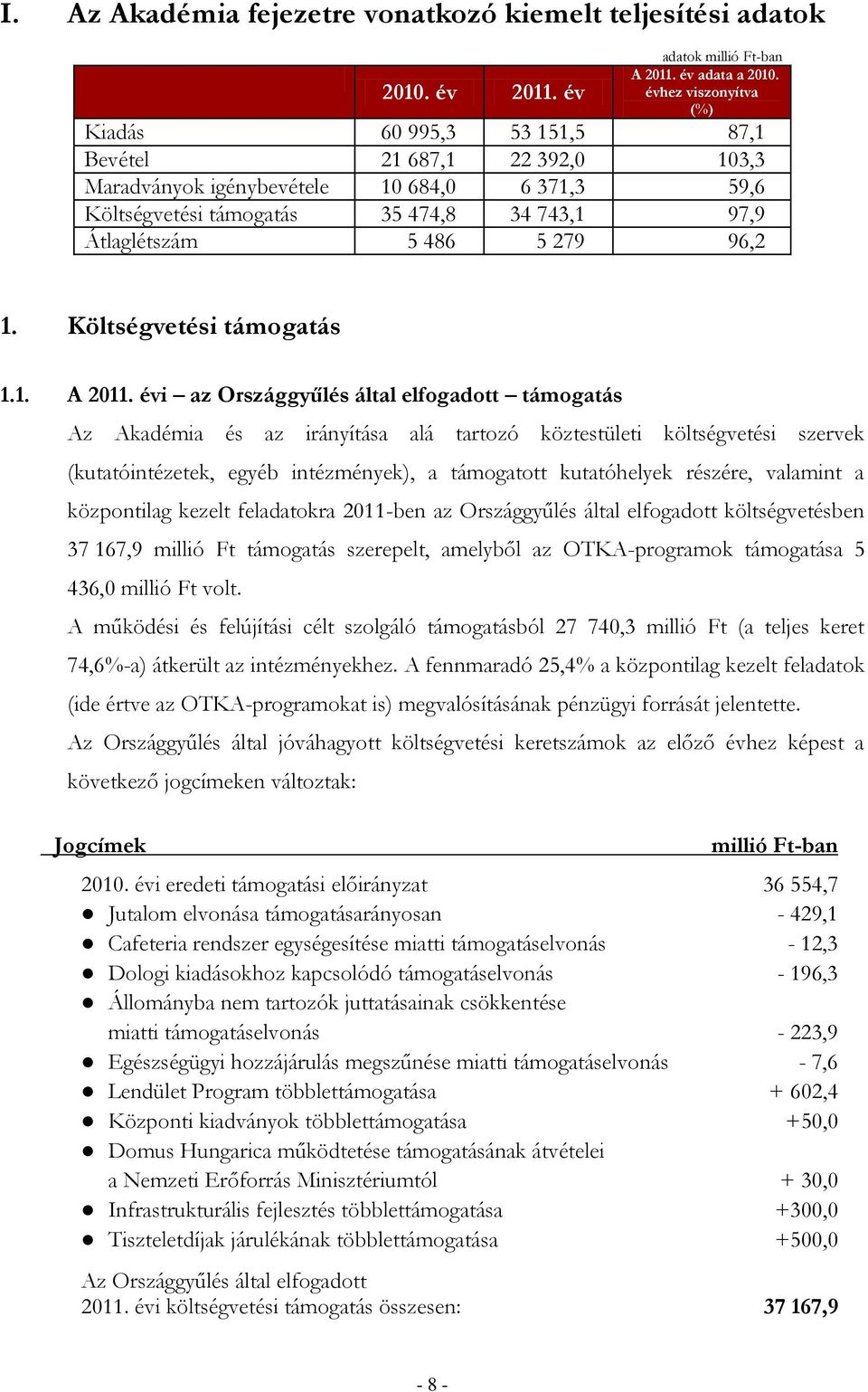 Költségvetési támogatás 1.1. A 2011.