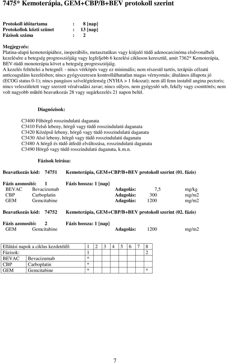 fázis) CBP Carboplatin Adagolás: 300 mg/m2 GEM Gemcitabine Adagolás: 1200 mg/m2 Beavatkozás kód: 74752 Kemoterápia,