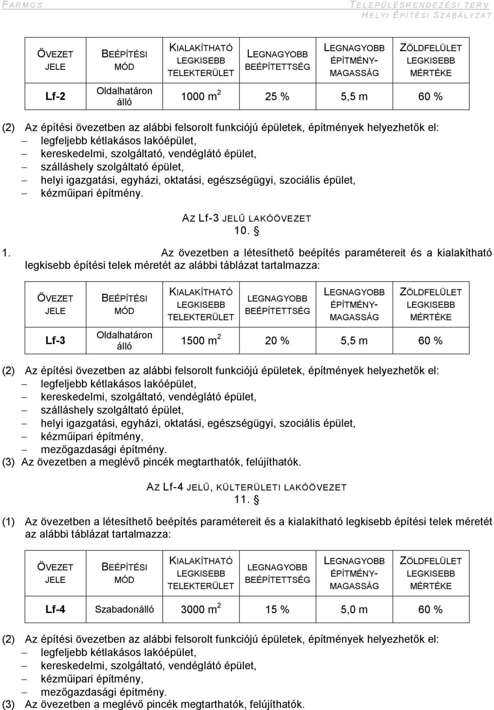 . 1. Az övezetben a létesíthető beépítés paramétereit és a kialakítható legkisebb építési telek méretét az alábbi táblázat tartalmazza: Lf-3 Oldalhatáron álló ZÖLDFELÜLET MÉRTÉKE 1500 m 2 20 % 5,5 m