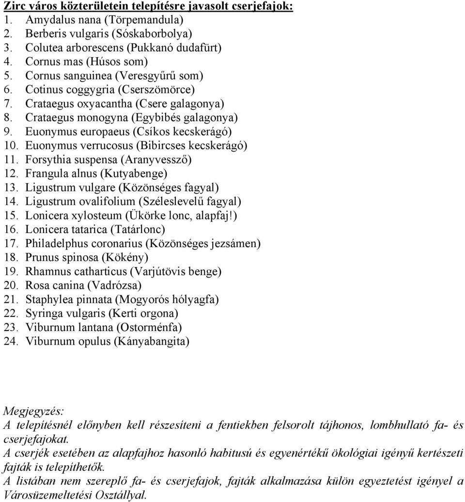 Euonymus verrucosus (Bibircses kecskerágó) 11. Forsythia suspensa (Aranyvessző) 12. Frangula alnus (Kutyabenge) 13. Ligustrum vulgare (Közönséges fagyal) 14.