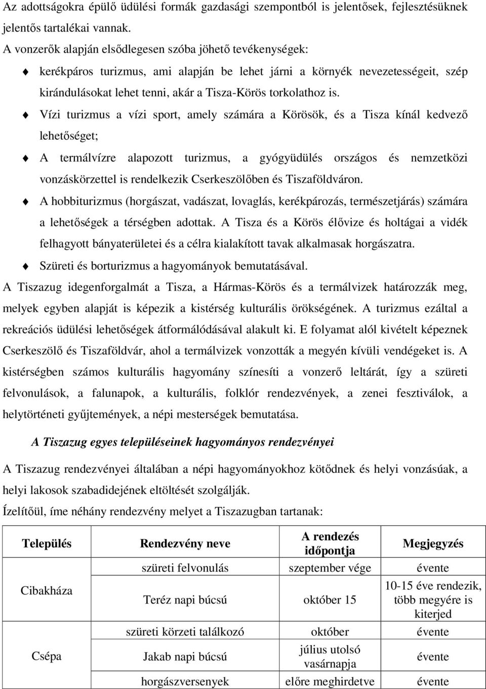 is. Vízi turizmus a vízi sport, amely számára a Körösök, és a Tisza kínál kedvezı lehetıséget; A termálvízre alapozott turizmus, a gyógyüdülés országos és nemzetközi vonzáskörzettel is rendelkezik