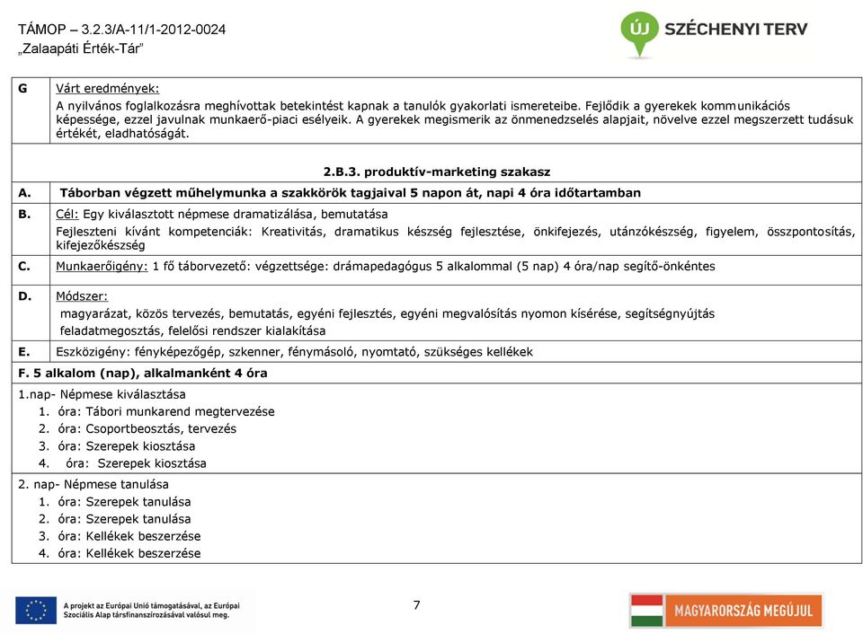 Táborban végzett műhelymunka a szakkörök tagjaival 5 napon át, napi 4 óra időtartamban B.