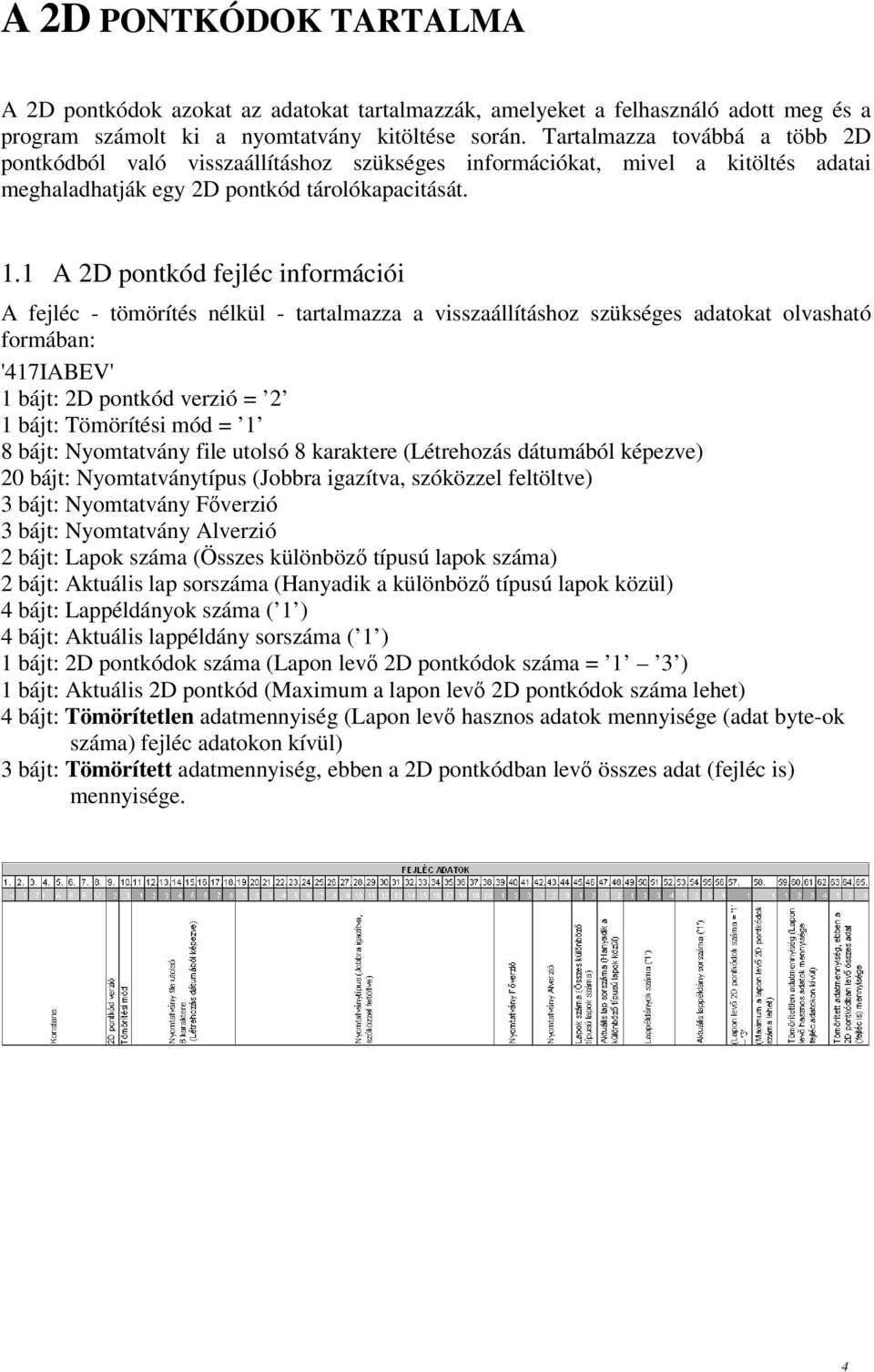 1 A 2D pontkód fejléc információi A fejléc - tömörítés nélkül - tartalmazza a visszaállításhoz szükséges adatokat olvasható formában: '417IABEV' 1 bájt: 2D pontkód verzió = 2 1 bájt: Tömörítési mód =