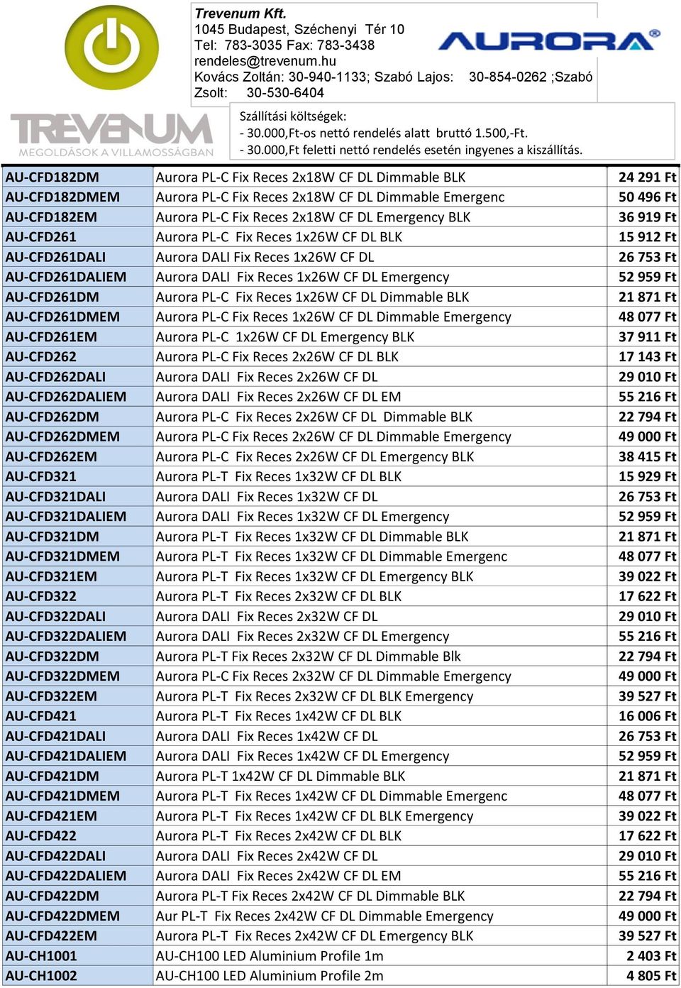 52 959 Ft AU-CFD261DM Aurora PL-C Fix Reces 1x26W CF DL Dimmable BLK 21 871 Ft AU-CFD261DMEM Aurora PL-C Fix Reces 1x26W CF DL Dimmable Emergency 48 077 Ft AU-CFD261EM Aurora PL-C 1x26W CF DL