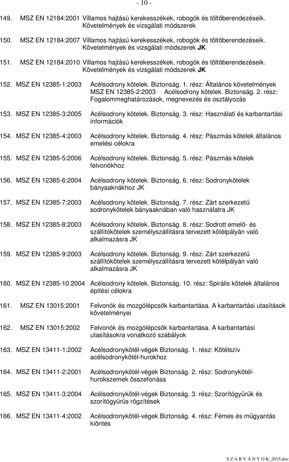 MSZ EN 12184:2010 Villamos hajtású kerekesszékek, robogók és töltıberendezéseik. Követelmények és vizsgálati módszerek JK 152. MSZ EN 12385-1:2003 Acélsodrony kötelek. Biztonság. 1. rész: Általános követelmények MSZ EN 12385-2:2003 Acélsodrony kötelek.