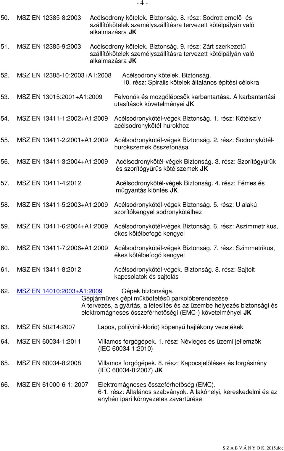 MSZ EN 12385-10:2003+A1:2008 Acélsodrony kötelek. Biztonság. 10. rész: Spirális kötelek általános építési célokra - 4-53. MSZ EN 13015:2001+A1:2009 Felvonók és mozgólépcsık karbantartása.