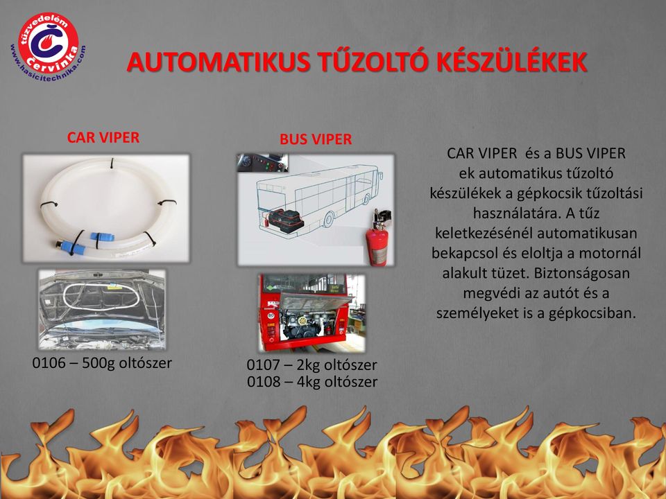 A tűz keletkezésénél automatikusan bekapcsol és eloltja a motornál alakult tüzet.