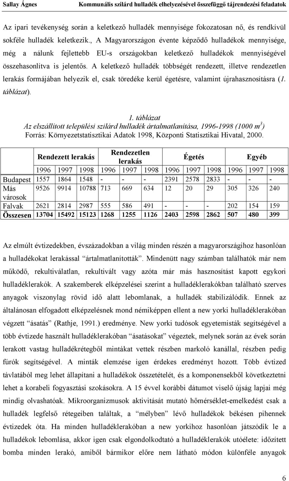 A keletkező hulladék többségét rendezett, illetve rendezetlen lerakás formájában helyezik el, csak töredéke kerül égetésre, valamint újrahasznosításra (1. táblázat). 1.