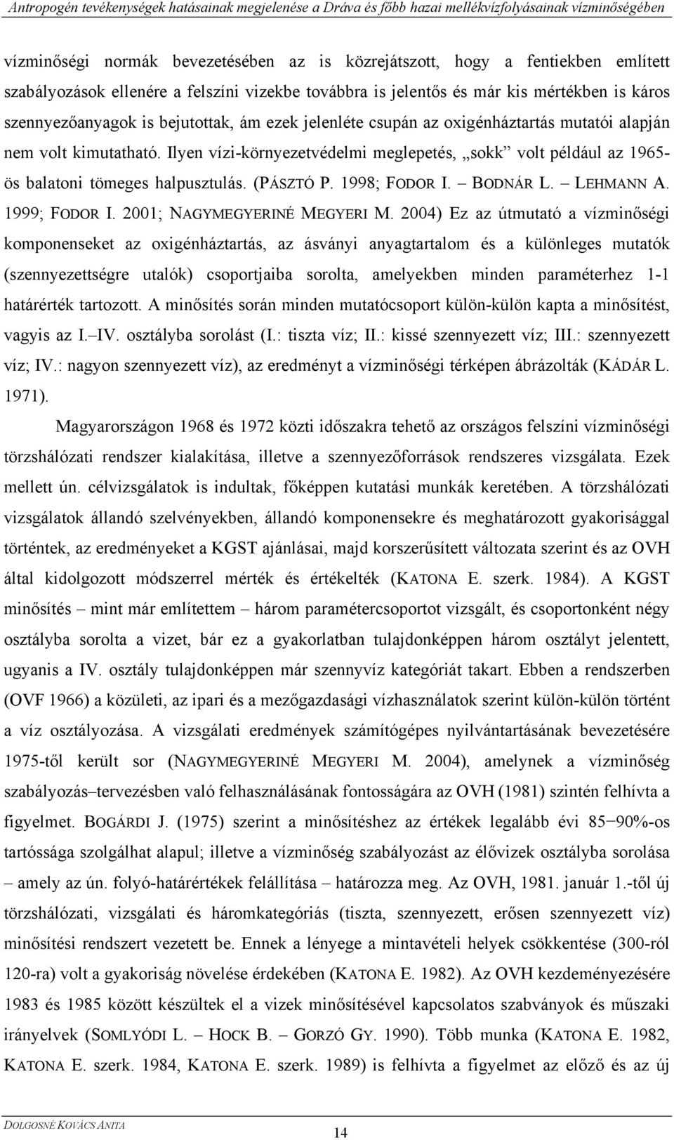 (PÁSZTÓ P. 1998; FODOR I. BODNÁR L. LEHMANN A. 1999; FODOR I. 2001; NAGYMEGYERINÉ MEGYERI M.