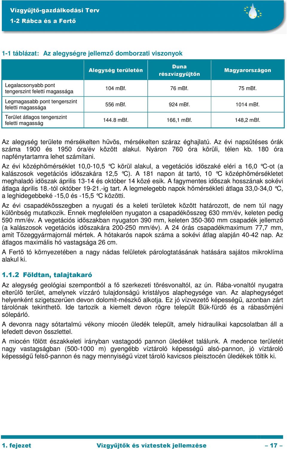 Az alegység területe mérsékelten hővös, mérsékelten száraz éghajlatú. Az évi napsütéses órák száma 1900 és 1950 óra/év között alakul. Nyáron 760 óra körüli, télen kb.