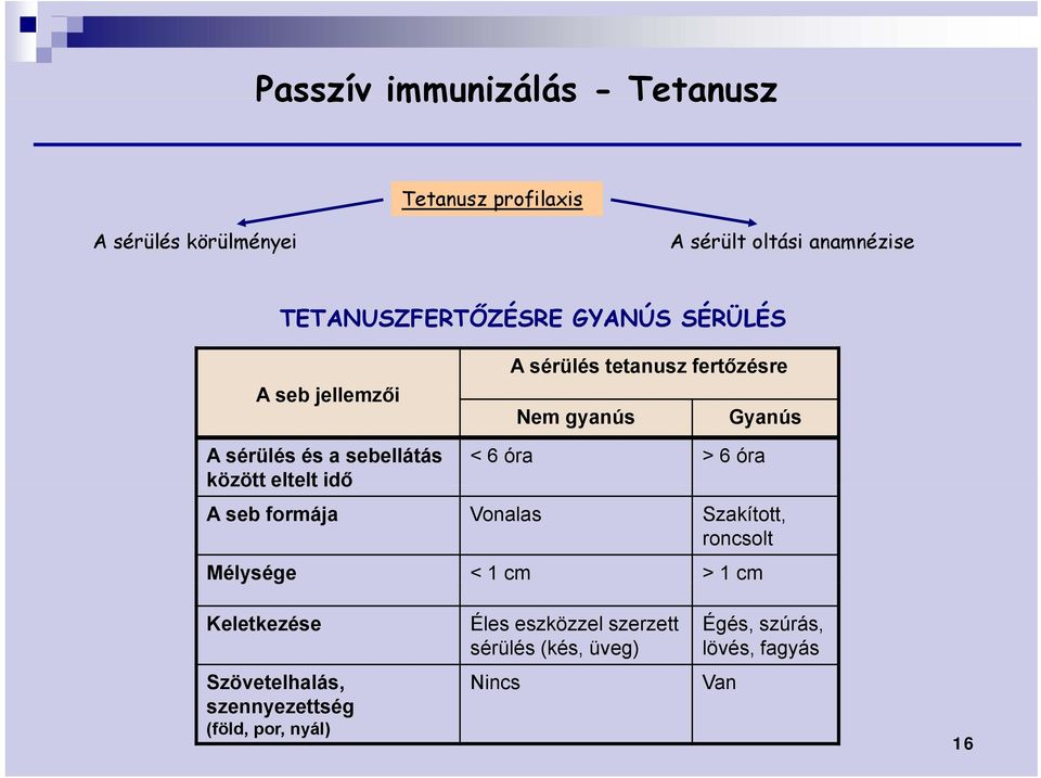 sebellátás között eltelt idő < 6 óra > 6 óra A seb formája Vonalas Szakított, roncsolt Mélysége < 1 cm > 1 cm