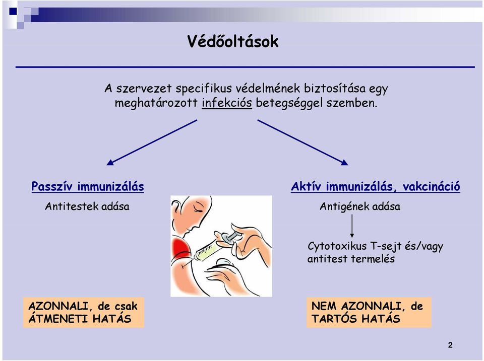 Passzív immunizálás Antitestek adása Aktív immunizálás, vakcináció