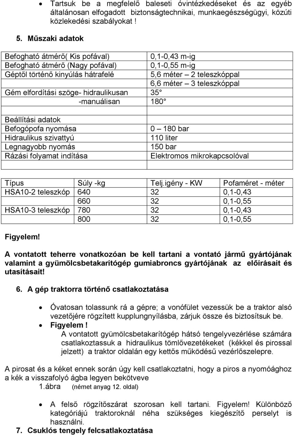 méter 2 teleszkóppal 6,6 méter 3 teleszkóppal Beállítási adatok Befogópofa nyomása Hidraulikus szivattyú Legnagyobb nyomás Rázási folyamat indítása 0 180 bar 110 liter 150 bar Elektromos