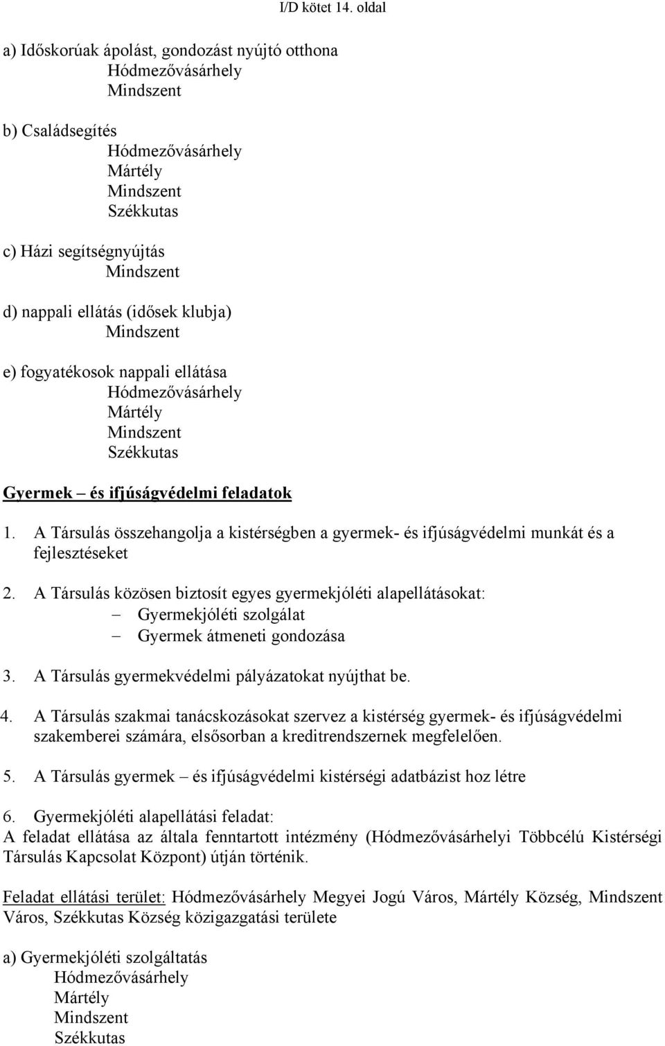 (idősek klubja) Mindszent e) fogyatékosok nappali ellátása Hódmezővásárhely Mártély Mindszent Székkutas Gyermek és ifjúságvédelmi feladatok 1.