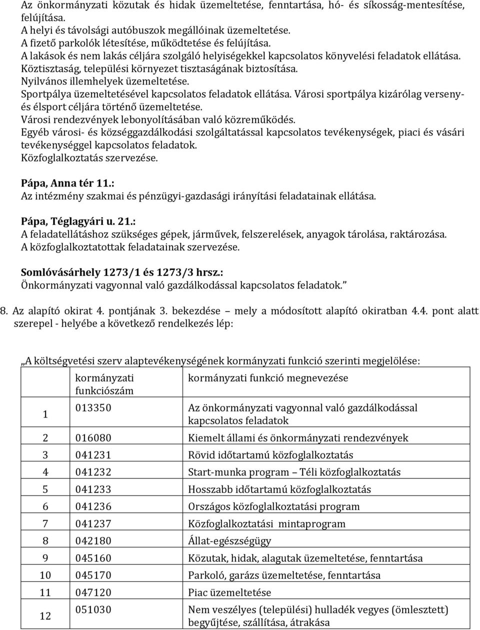 Köztisztaság, települési környezet tisztaságának biztosítása. Nyilvános illemhelyek üzemeltetése. Sportpálya üzemeltetésével kapcsolatos feladatok ellátása.