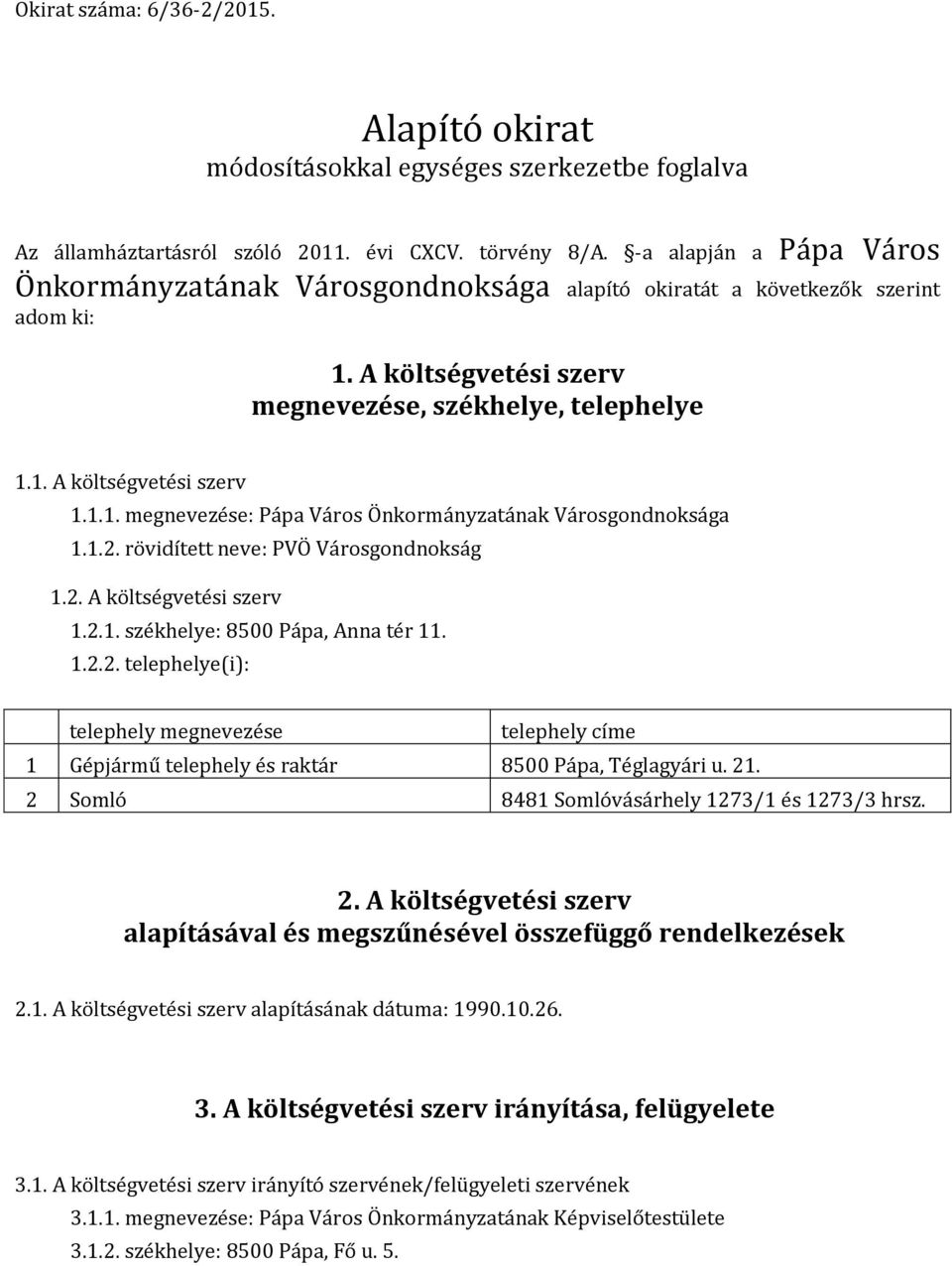 1.2. rövidített neve: PVÖ Városgondnokság 1.2. A költségvetési szerv 1.2.1. székhelye: 8500 Pápa, Anna tér 11. 1.2.2. telephelye(i): telephely megnevezése telephely címe 1 Gépjármű telephely és raktár 8500 Pápa, Téglagyári u.