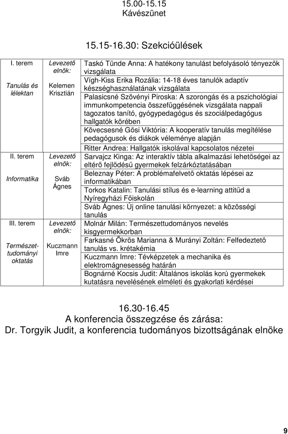 30: Szekcióülések Taskó Tünde Anna: A hatékony tanulást befolyásoló tényezők vizsgálata Vígh-Kiss Erika Rozália: 14-18 éves tanulók adaptív készséghasználatának vizsgálata Palasicsné Szövényi