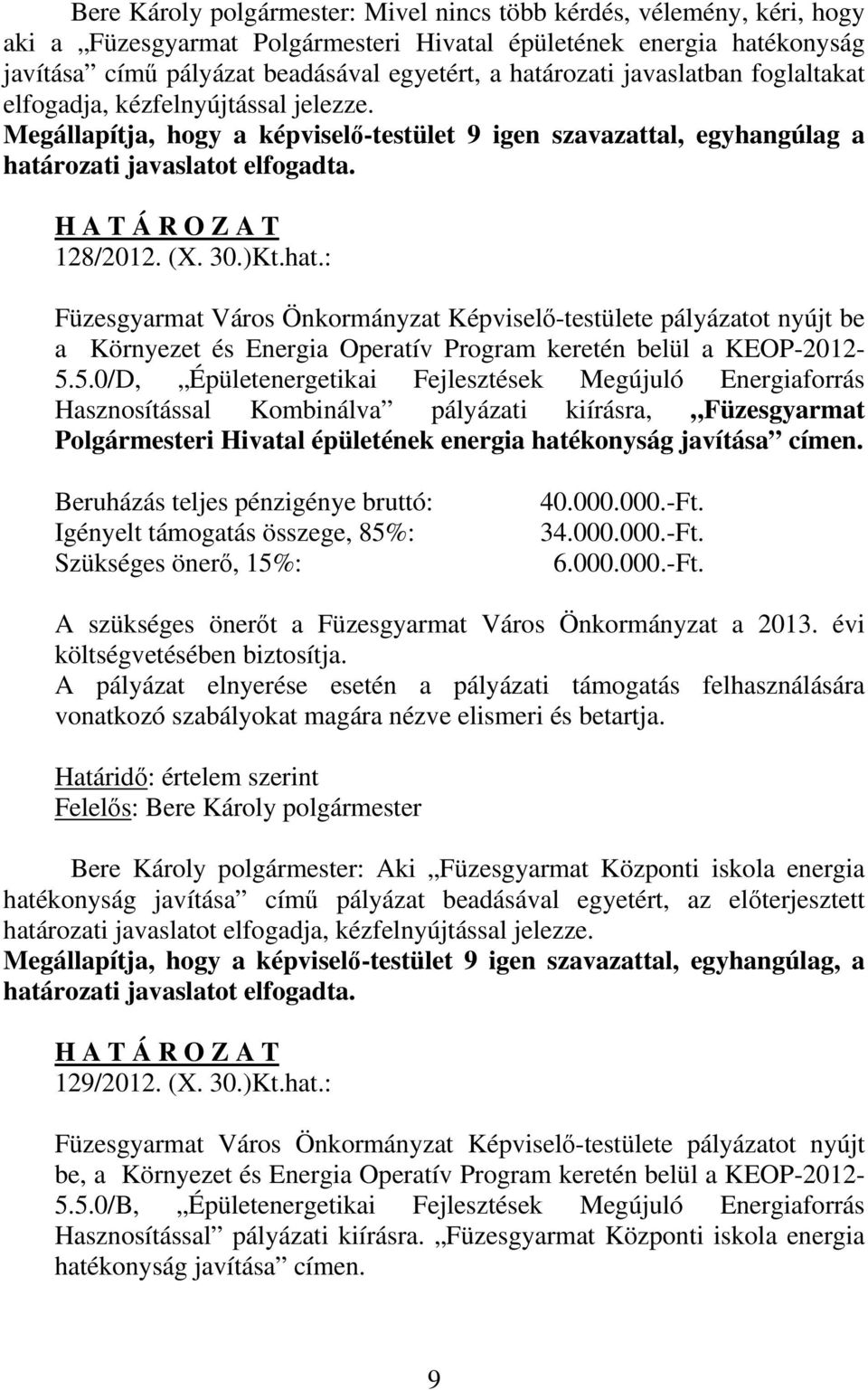 H A T Á R O Z A T 128/2012. (X. 30.)Kt.hat.: Füzesgyarmat Város Önkormányzat Képviselő-testülete pályázatot nyújt be a Környezet és Energia Operatív Program keretén belül a KEOP-2012-5.